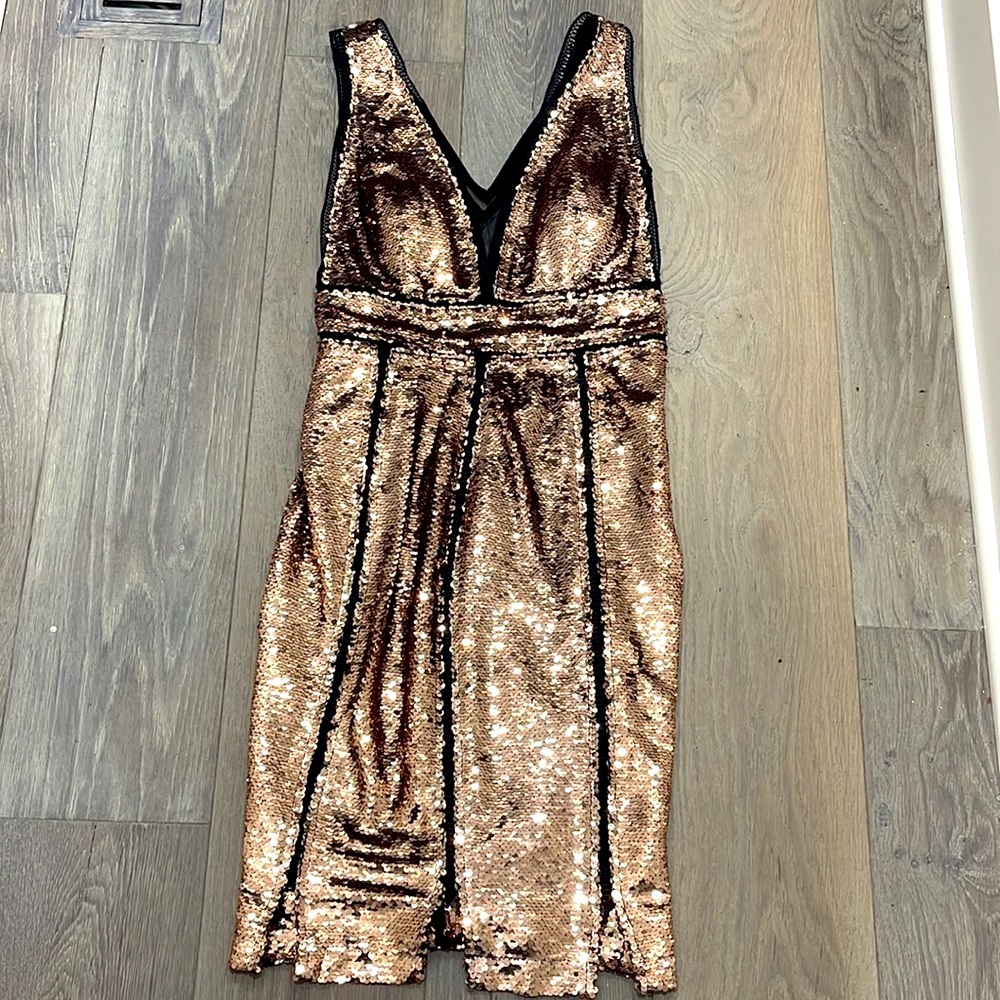 NWOT Boston Proper Metallic Copper Deep Mesh V Sequin Sparkle Dress -XS - Picture 5 of 10